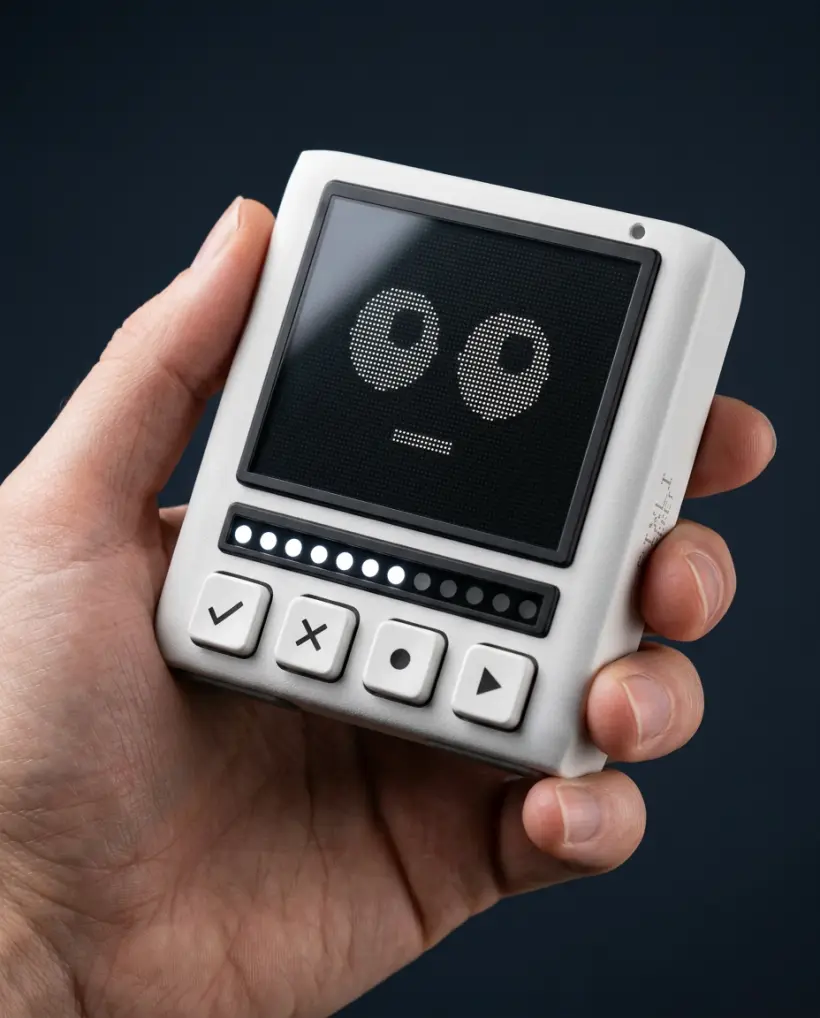 The Pixli held in one hand, the four keys and the glyph bar in focus