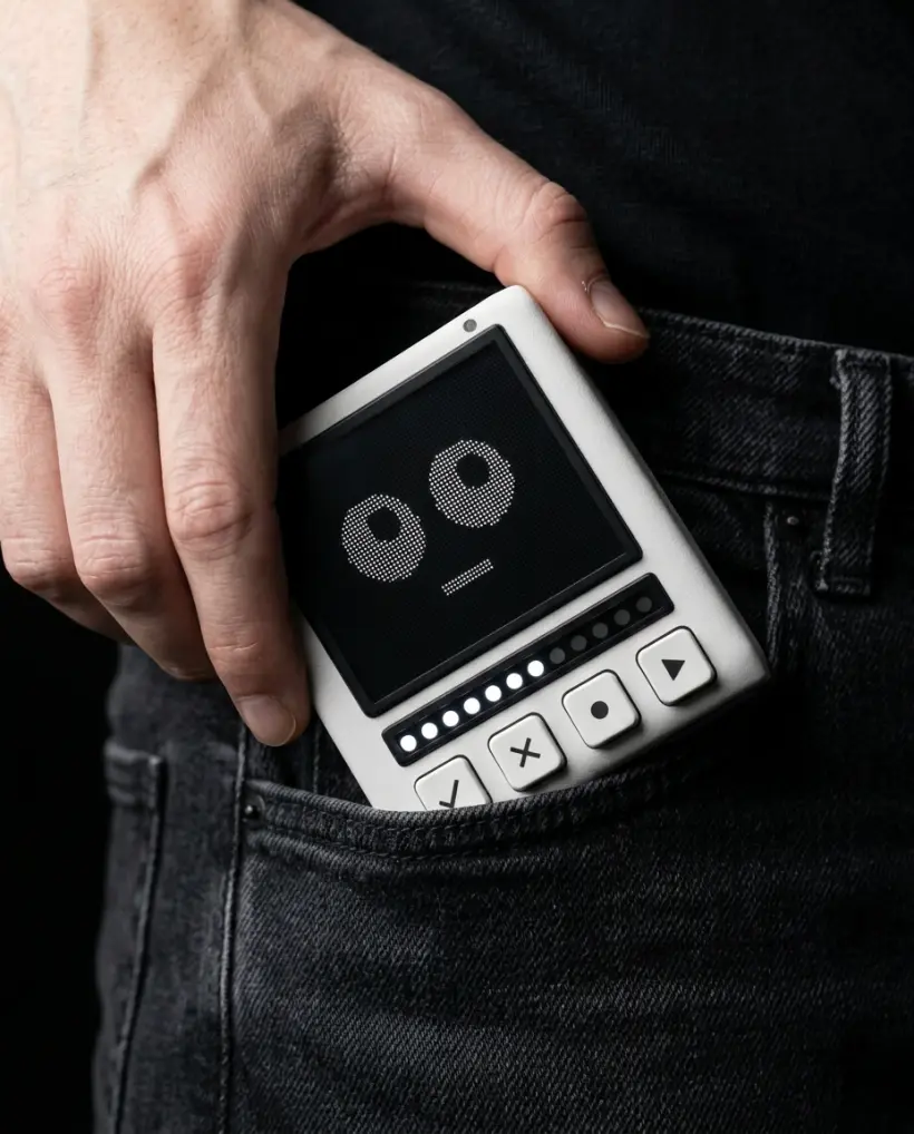 The Pixli being lifted out of the front pocket of a pair of black jeans